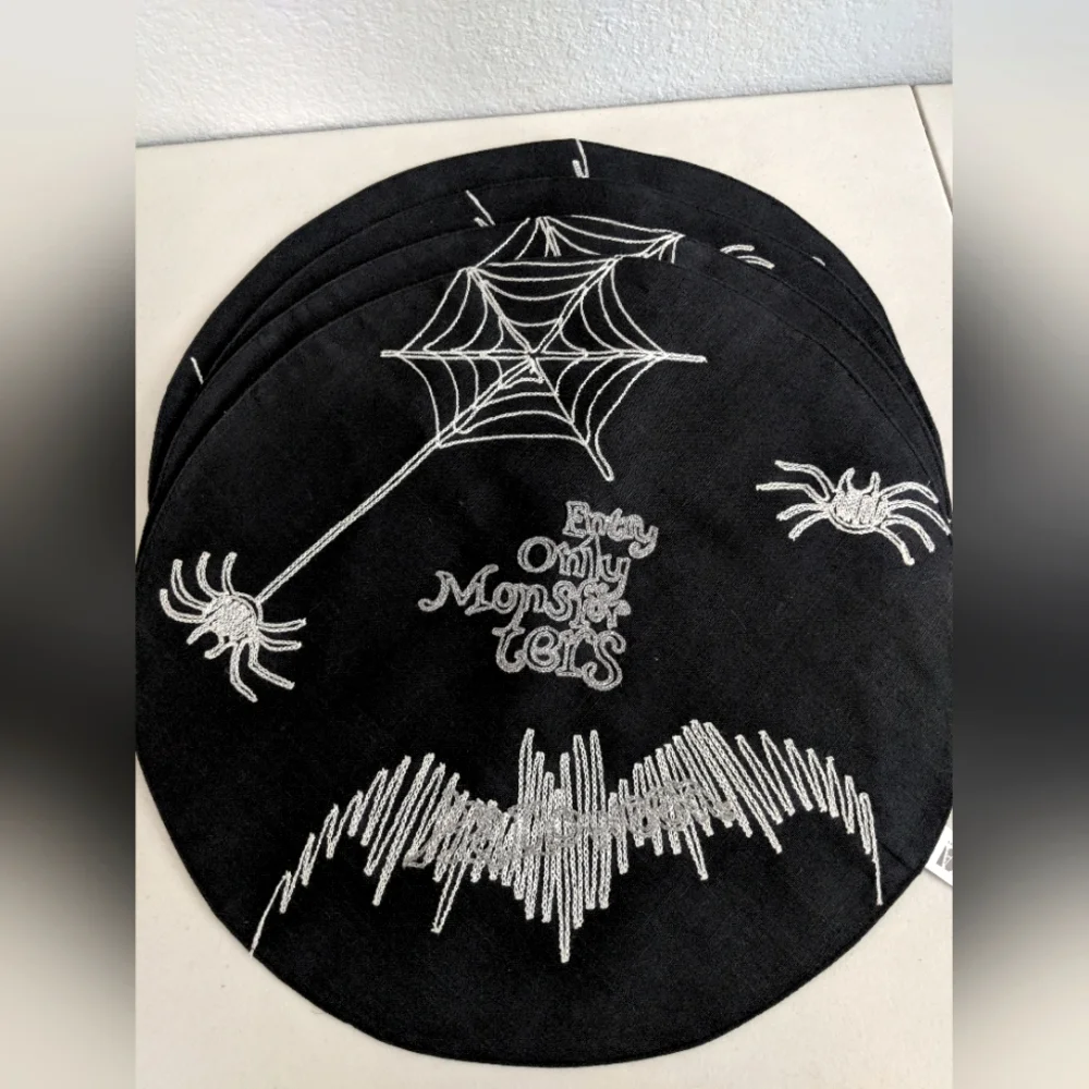 Halloween Elegant Spooky Black White Placemats  Spiders Webs Bats Decor